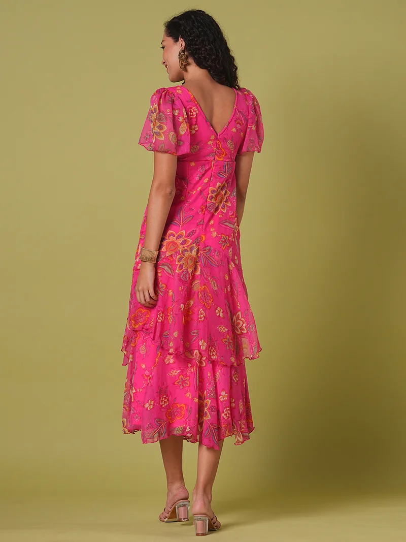 globus Women Pink V-Neck Flared Sleeves Floral Print Layered Fit & Flare Maxi Party Dress