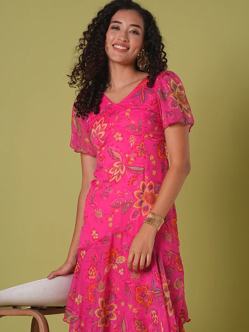 globus Women Pink V-Neck Flared Sleeves Floral Print Layered Fit & Flare Maxi Party Dress