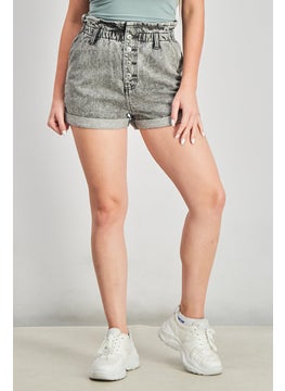 Jennyfer Women Stretchable Button Detail Shorts, Washed Grey  - Image 1