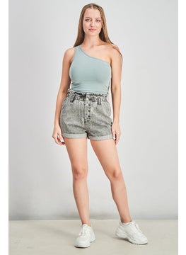 Jennyfer Women Stretchable Button Detail Shorts, Washed Grey  - Image 4