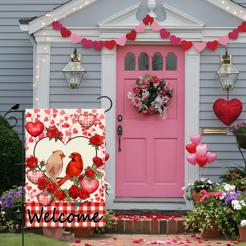 ZAEW Welcome Valentineâ€™s Day Cardinal Buffalo Love Heart Balloons Garden Flag Romantic Roses Yard Flag 12x18 Inch Double Sided Small Mini Yard Outdoor Outside Holiday Decoration - Image 2