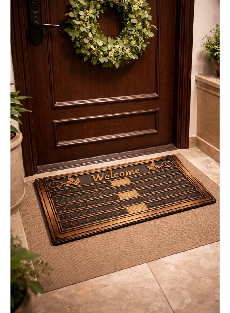 Premium Rectangular Welcome Door Mat for Indoor & Outdoor Use, Non-Slip, Dust Resistant, Easy to Clean - Brown & Gold - Image 2