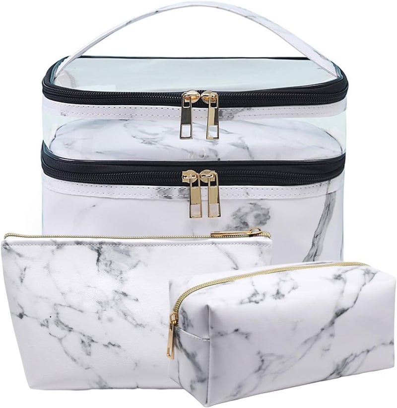 FITINI 3 Pieces Makeup Bags Marble Double Layer Travel Large Cosmetic Cases Organizer Toiletry Bags Waterproof Small Zipper Pouch for Women Makeup Brush Storage Bag,White