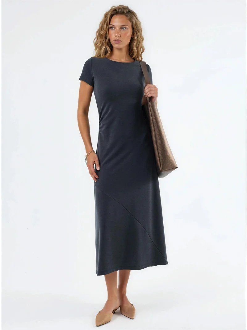 Busem BUSEM Drape Detail A-Line Midi Dress with Crew Neck