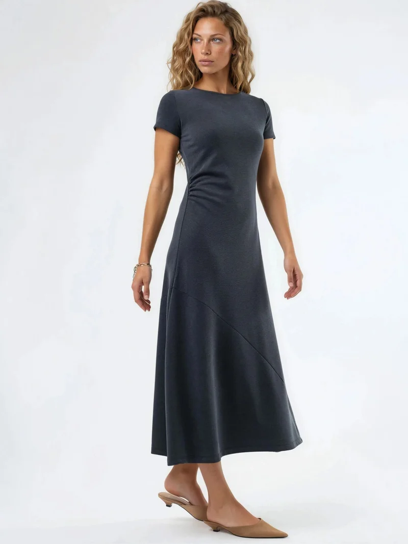 Busem BUSEM Drape Detail A-Line Midi Dress with Crew Neck