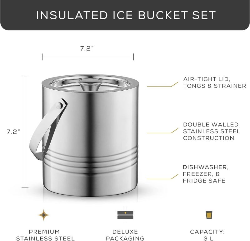 JoyJolt Metal Double Wall Ice Bucket with Lid, Ice Tongs and Strainer. 3L Insulated Ice Bucket for Cocktail Bar, Wine, Home Bar Accessories, Parties, Champagne Bucket. Stainless Steel Ice Buckets - Image 4