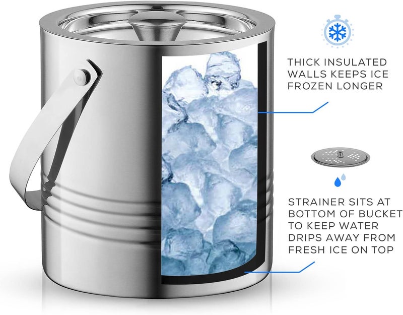 JoyJolt Metal Double Wall Ice Bucket with Lid, Ice Tongs and Strainer. 3L Insulated Ice Bucket for Cocktail Bar, Wine, Home Bar Accessories, Parties, Champagne Bucket. Stainless Steel Ice Buckets - Image 2