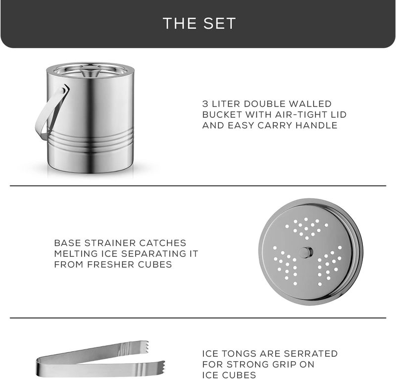 JoyJolt Metal Double Wall Ice Bucket with Lid, Ice Tongs and Strainer. 3L Insulated Ice Bucket for Cocktail Bar, Wine, Home Bar Accessories, Parties, Champagne Bucket. Stainless Steel Ice Buckets - Image 3