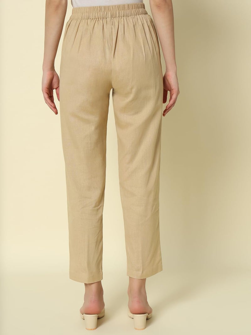 FIORRA Women's Beige Cotton Solid Pant BTM006 - Image 2