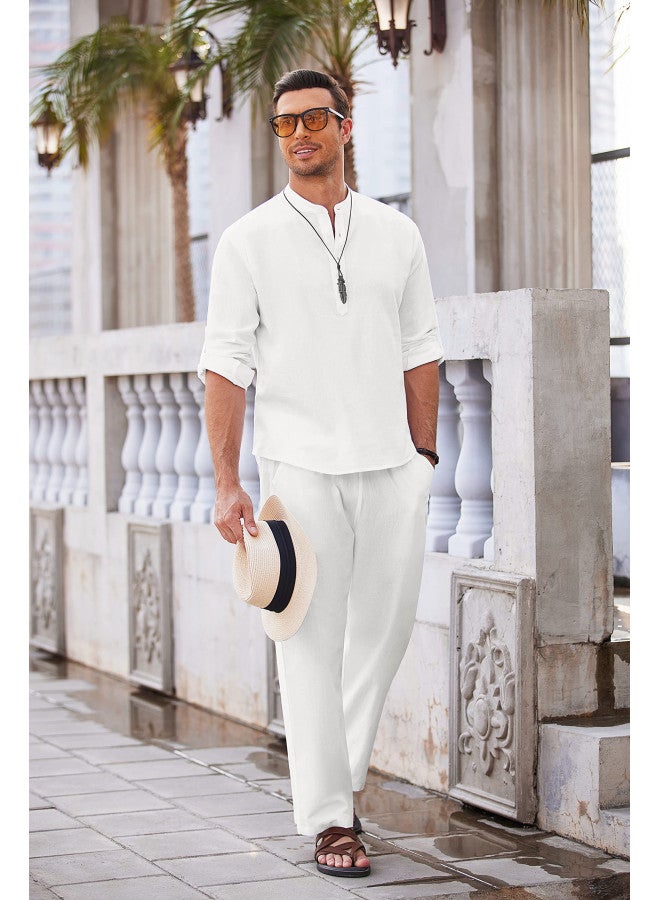COOFANDY Men's 2 Pieces Cotton Linen Set Long Sleeve Henley Shirts Casual Beach Pants With Pockets Summer Yoga Outfits - Image 2