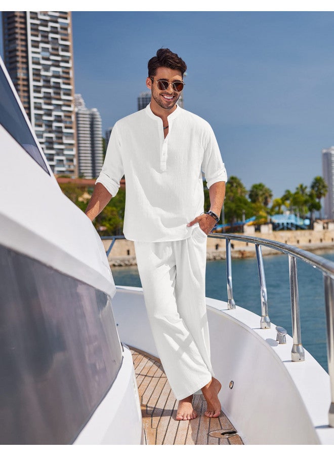COOFANDY Men's 2 Pieces Cotton Linen Set Long Sleeve Henley Shirts Casual Beach Pants With Pockets Summer Yoga Outfits - Image 1