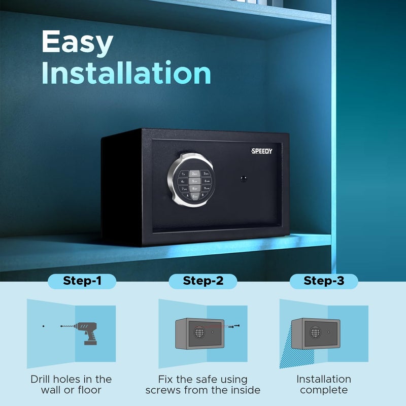 Speedy خزنة رقمية بسعة 8 لترات للمنزل والمكتب مع وصول ثنائي الاتجاه | كلمة مرور ومفتاح طوارئ | خزنة آمنة للمنزل مع لوحة مفاتيح رقمية وضوء LED | 8 لترات (أسود) - Image 5