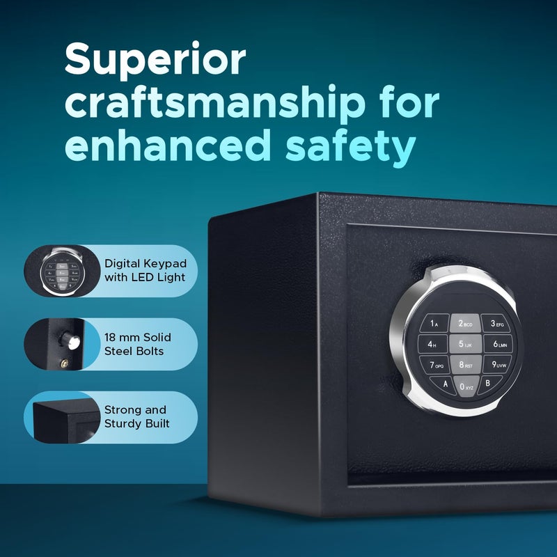 Speedy خزنة رقمية بسعة 8 لترات للمنزل والمكتب مع وصول ثنائي الاتجاه | كلمة مرور ومفتاح طوارئ | خزنة آمنة للمنزل مع لوحة مفاتيح رقمية وضوء LED | 8 لترات (أسود) - Image 4