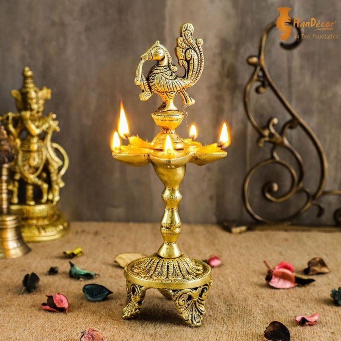 85 INCHES PEACOCK OVER ETHNIC CARVED LEGS FIVE OIL WICK BRASS DIYA BRASS DIYA FOR PUJA DIYAS FOR RETURN GIFTS HOUSEWARMING FIFTS DIWALI DIYA DECORATION STANDARD PACK OF 1