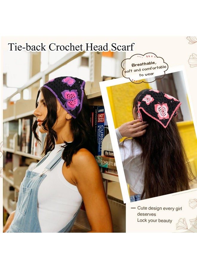 HAIMEIKANG 2Pcs Butterfly Crochet Hair Bandanas For Women - Cute Knitted Head Scarf Tie-Back Vintage Triangle Kerchief Headband Boho Hair Accessories For Girls(Purple+Pink) 