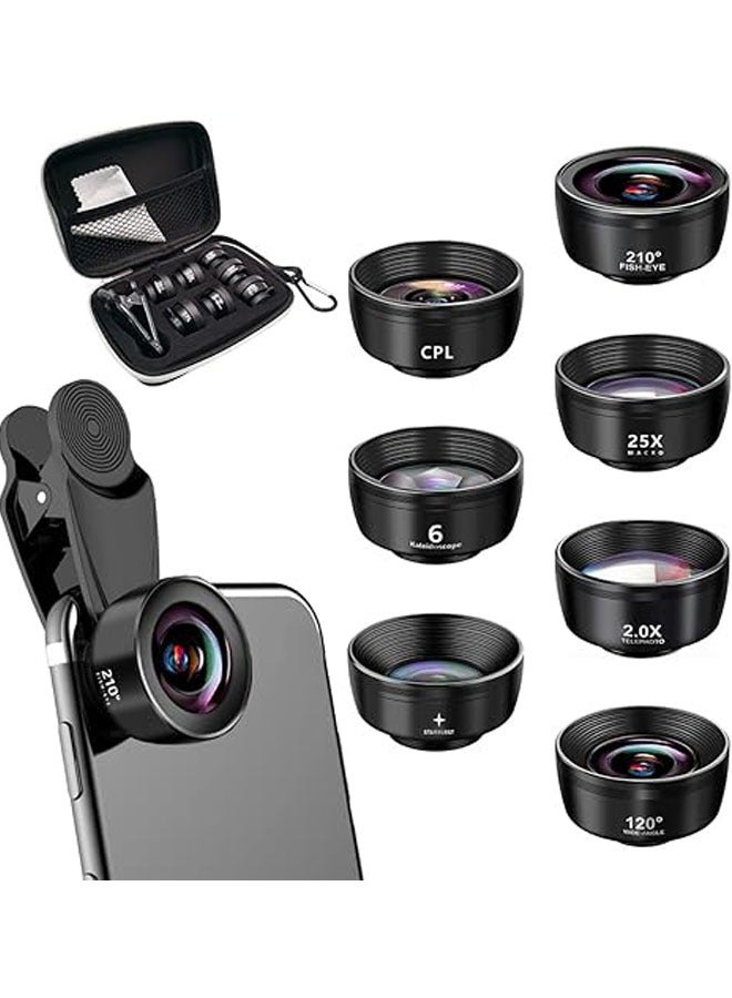 7-in-1 Phone Camera Lens Kit - 210° Fisheye Lens + 25x Macro Lens + 120° Wide-Angle Lens + Telephoto Lens + CPL + Kaleidoscope + Starburst, Clip-On Camera Lens - Image 1