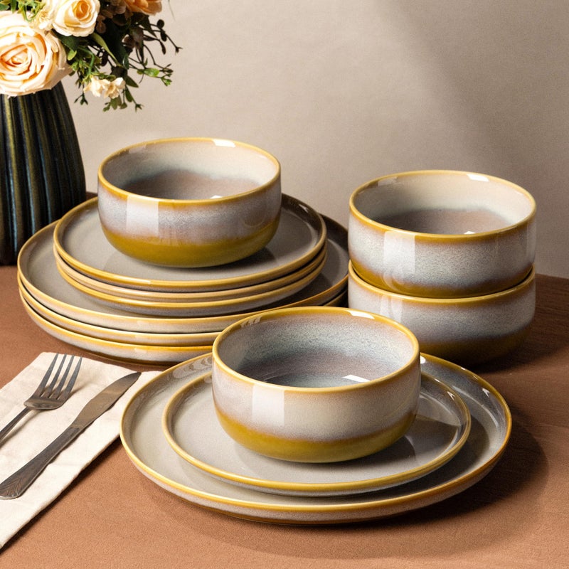 TheTerra Ceramic Dinnerware Sets for 4, 12 Pieces Handmade Reactive Glaze Plates and Bowls Set, Scratch Resistant Dish Set, Oven & Microwave & Dishwasher Safe, Autumn Haze - Image 1
