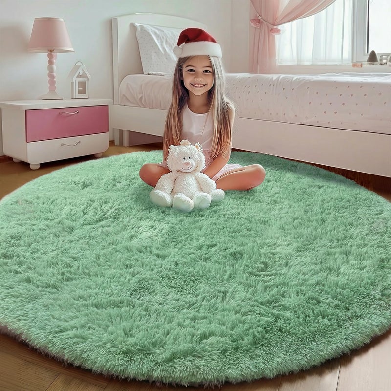 ONASAR Sage Green Round Area Rug 4ft, Fluffy Soft Bedroom Circle Rugs for Kids Girls Boys Teen Dorm Room, Cute Furry Plush Shaggy Carpet for Nursery Living Room Playroom Christmas Home Decor - Image 3