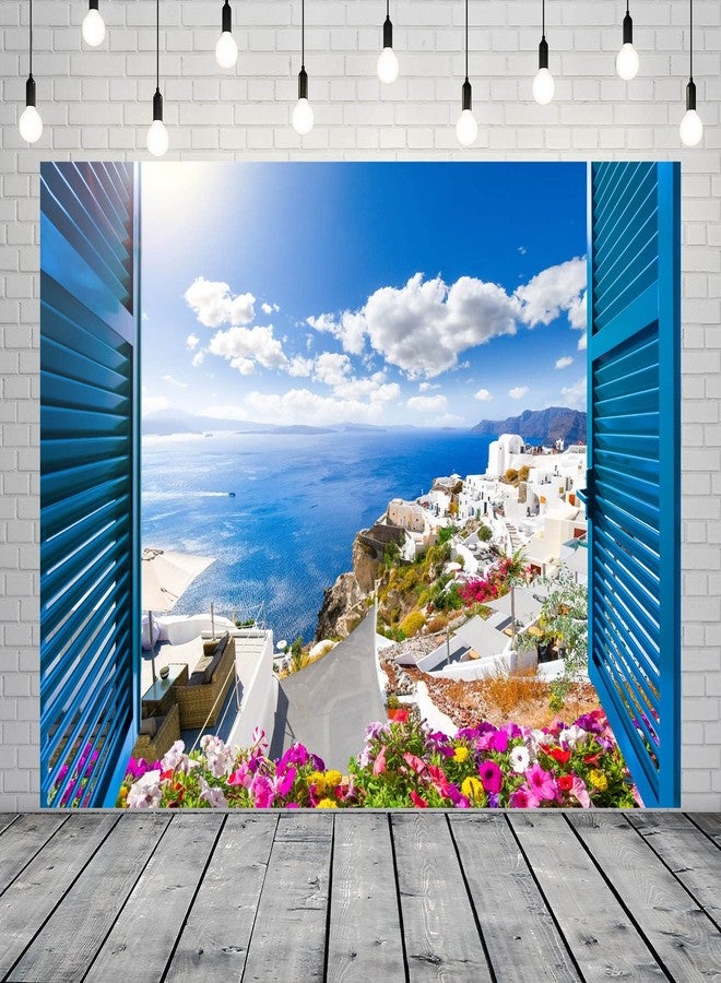 Loccor 7x5ft Fabric Greece Backdrop Aegean sea Traditional Architecture Flowers Window Scenery Photography Background Momma Mia Theme Birthday Party Decorations Wedding Portrait Photo Booth Props - Image 1