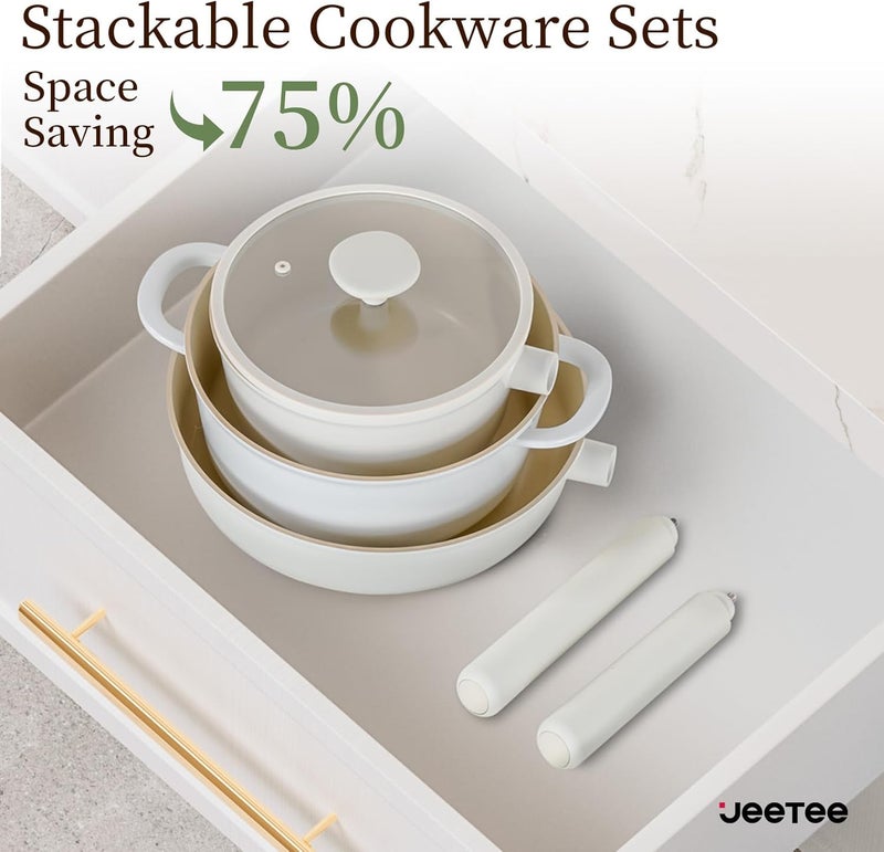 Jeetee Ceramic Cookware Set, 16 PCS Pots and Pans Set Non Stick with Removable Handles, Non Toxic Induction Kitchen Cookware Sets, Dishwasher/Oven Safe PFAS/PFOA Free Cream - Image 4