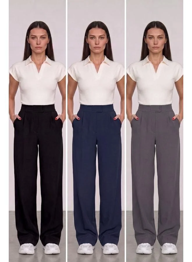 Mmetalic Women's High-Waist strap Closure Elastic Waist Zipper Pocket elastane 3‑Piece Palazzo Pants.