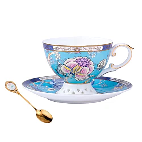 ACMLIFE Bone China Tea Cups, Tea Cup and Saucer Set for 1 Blue and White China Tea Cup 6.7oz Floral Vintage China Coffee Set for Women Party Gift Giving with Gold Trim and Gift Box - Image 1