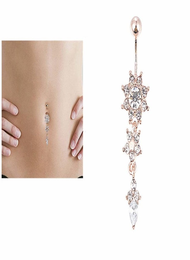BeeSpring Sexy Women Crystal Body Dangle Ball Barbell Bar Belly Button Ring Navel Ring (Rose Gold) - Image 5