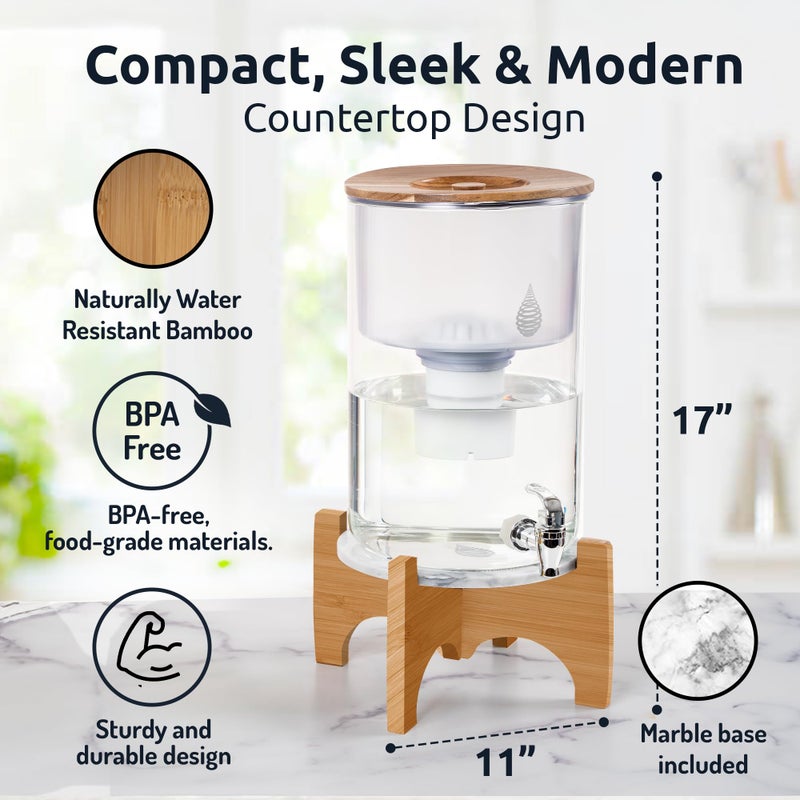 Invigorated Water pH Recharge Glass Alkaline Water Dispenser Filter System - Countertop Purifier Pitcher for Home and Office - High pH Pure Drinking Water Filtration - 36 Cups (Bamboo Marble Set) - Image 3