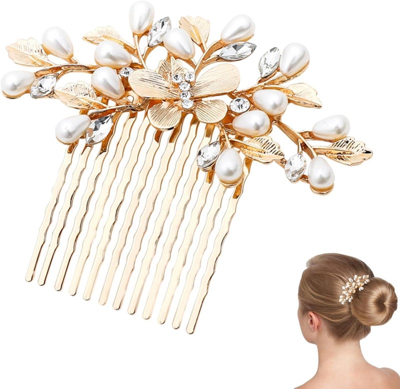1Pc Gold Pearl Hair Comb Refined Look Bride Wedding Hair Combs Firmly Fixed Wedding Hair Accessories Leaf Design Hairpiece Accessory Perfect for Weddings Birthdays Valentine Day or Anniversaries