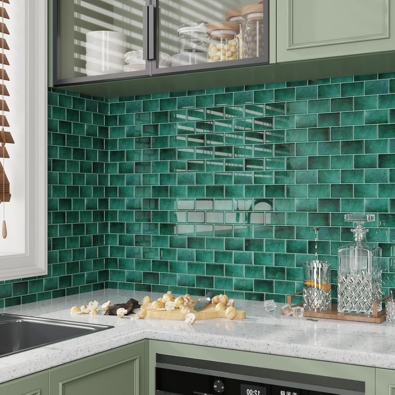 CRE8TIVE 4 Sheets Green Subway Tile Peel and Stick Backsplash for Kitchen Wall 12"x12" 3D Stone Wall Tiles Adhesive Stick on Backsplash Peel and Stick Shower Tile Waterproof for Bathroom Laundry Room - Image 5