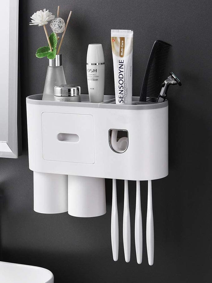 TOOTHBRUSH HOLDER WITH COSMETIC DRAWER ORGANIZER AND TOOTHBRUSH RACK INTEGRATED WITH AUTOMATIC TOOTHPASTE DISPENSER SPACE SAVING WITH MAGNETIC CUP DESIGN 2 CUP