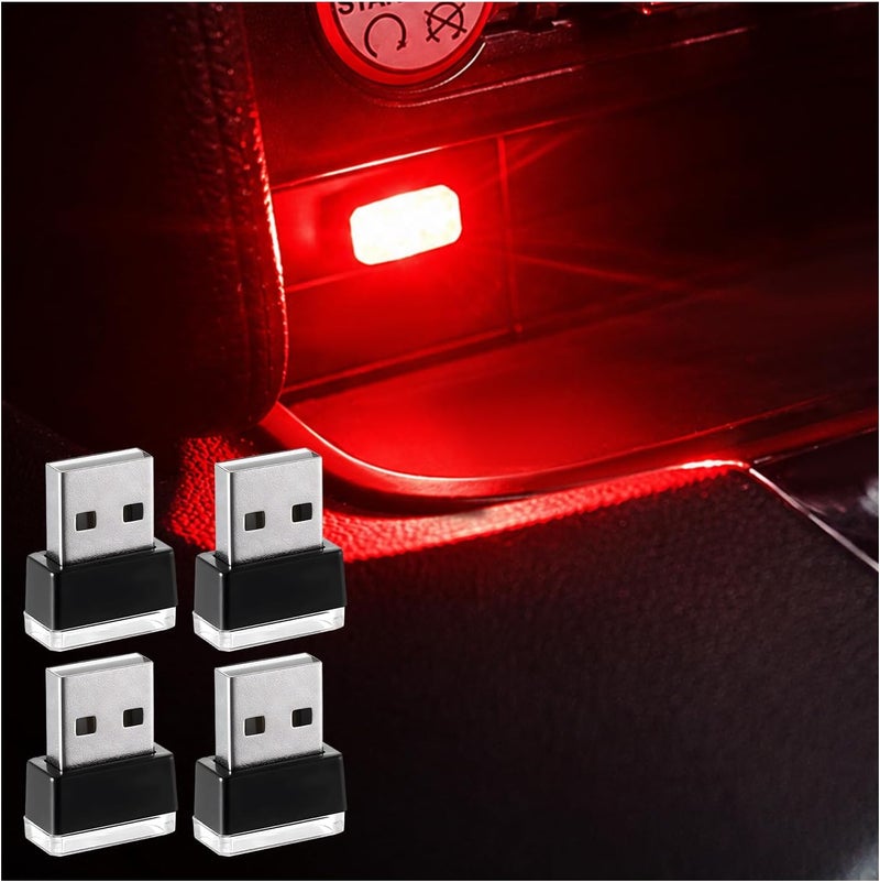 Augeny 4 PCS USB LED Car Interior Atmosphere Lamp, Plug-in USB Decor Night Light, Portable Auto Ambient Lighting Kit, Universal Vehicle Interior Accessories for Most Cars (Red) - Image 1