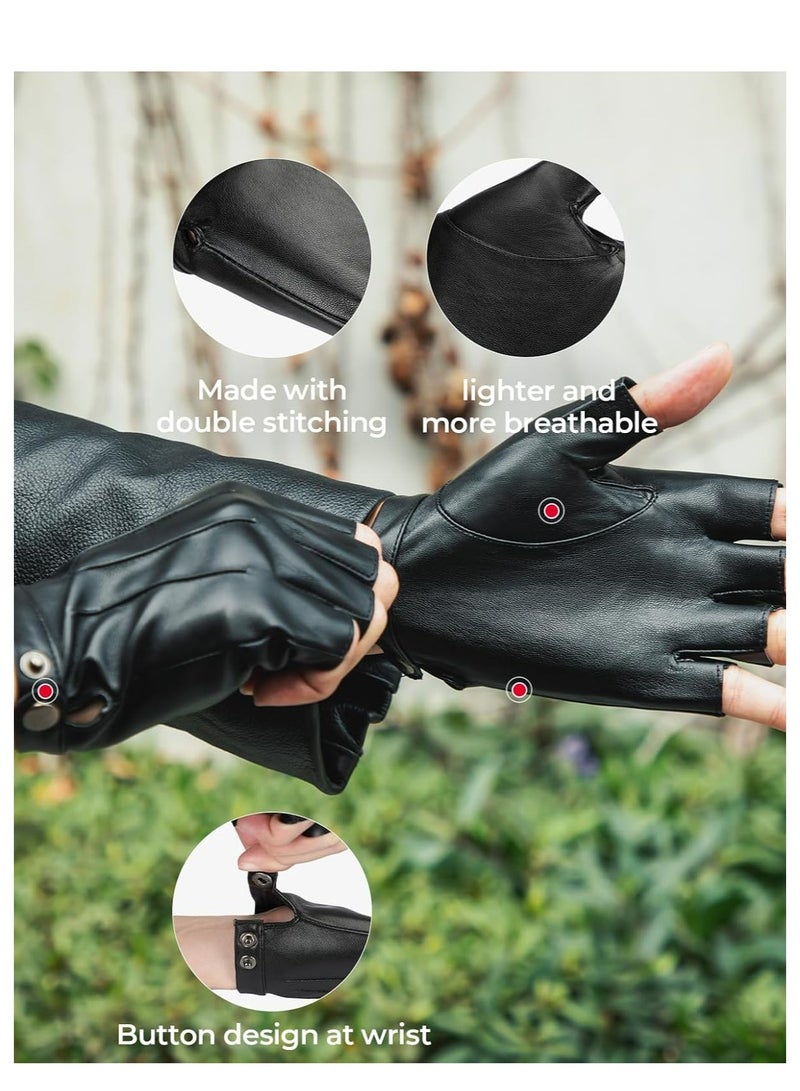 Oasisgalore Fingerless Driving Gloves PU Faux Leather Outdoor Sport Black Half Finger Glove for Men Women Teens, Black.  - Image 2