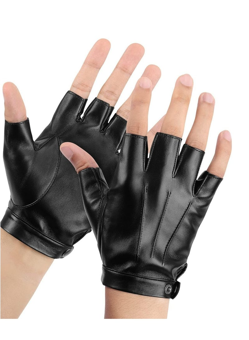Oasisgalore Fingerless Driving Gloves PU Faux Leather Outdoor Sport Black Half Finger Glove for Men Women Teens, Black.  - Image 1