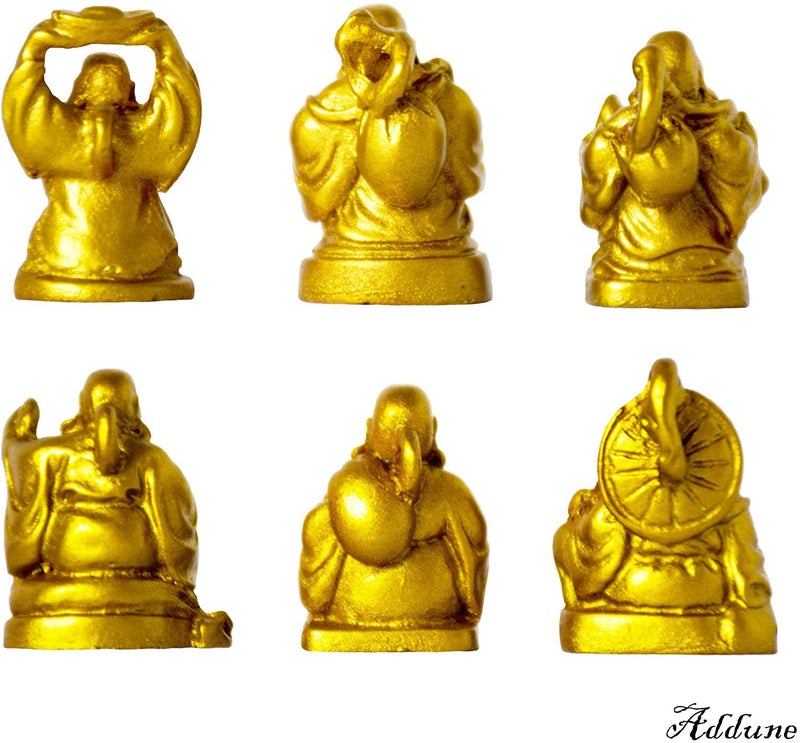 Addune Set of 6 Mini Laughing Happy Buddha Statue Resin Figurines Feng Shui for Luck Wealth Good Gift and Collection (1''  Gold) - Image 3