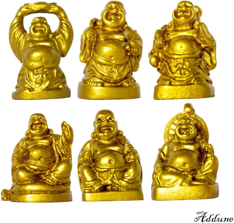 Addune Set of 6 Mini Laughing Happy Buddha Statue Resin Figurines Feng Shui for Luck Wealth Good Gift and Collection (1''  Gold) - Image 2