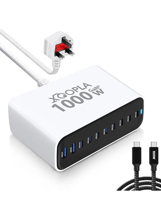 Xoopla 1000W Fast USB C Charger Hub, 10 In 1 Gan Ⅳ Type C Charging Station With 4 x 140W & 4 x 100W Type C, 100W USB C Cable, Multi Charger Adapter Plug for MacBook Pro, iPad, iPhone, Galaxy, Laptops - Image 1