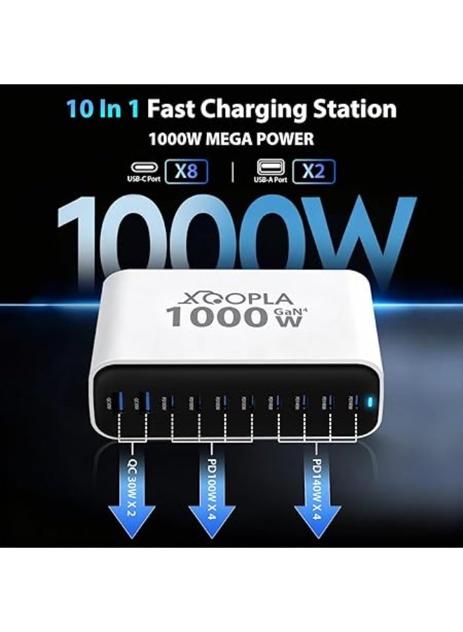 Xoopla 1000W Fast USB C Charger Hub, 10 In 1 Gan Ⅳ Type C Charging Station With 4 x 140W & 4 x 100W Type C, 100W USB C Cable, Multi Charger Adapter Plug for MacBook Pro, iPad, iPhone, Galaxy, Laptops - Image 5