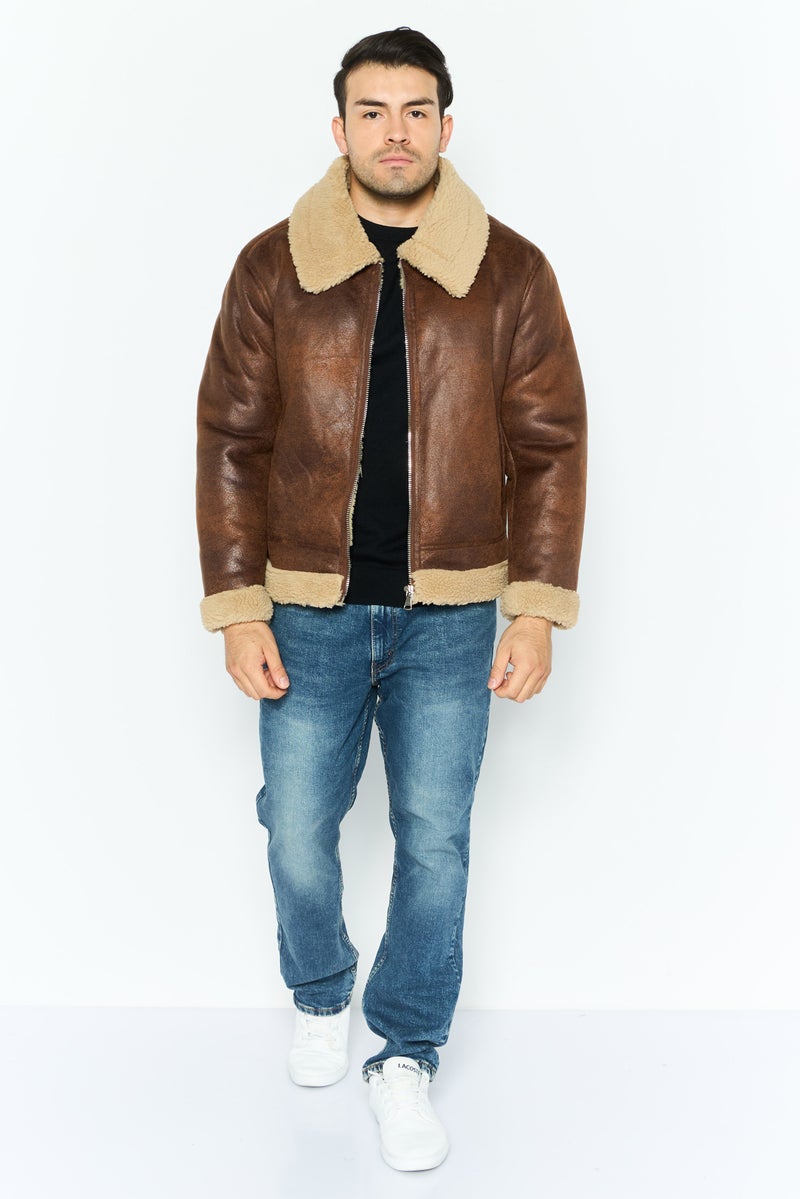 DEX Men Solid Motorcycle Jacket, Brown - Image 3