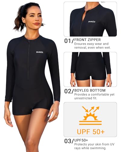 Daci Women Long Sleeve Rash Guard One Piece Boyleg Swimsuit Zipper Surfing Bathing Suit UPF 50+ Black M - Image 3