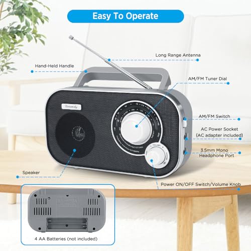 DreamSky AM FM Portable Radio Plug In Wall or Battery Operated for Home & Outdoor, Strong Reception & Sound, Large Dial Easy to Use, Transistor Antenna, Headphone Jack, Small Gifts for Seniors Elderly - Image 3