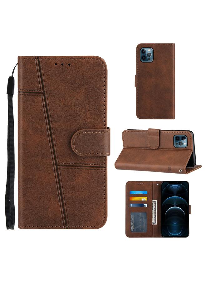 زبون جراب لهاتف iPhone 12 Pro Max مصنوع من جلد العجل مع مشبك وقفل أفقي مع حامل وفتحات للبطاقات ومحفظة وحبل - Image 1