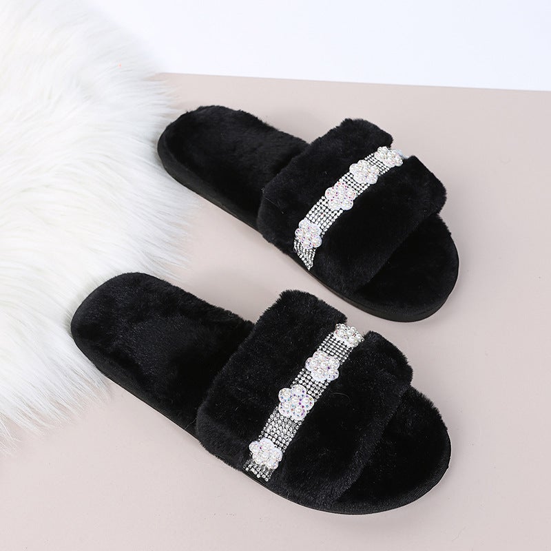 Korean Style Imitation Rabbit Plush Fish Mouth Flower Cotton Slippers Soft Bottom Home Solid Color Cotton Slippers For Hair - Image 1