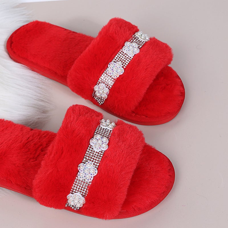 Korean Style Imitation Rabbit Plush Fish Mouth Flower Cotton Slippers Soft Bottom Home Solid Color Cotton Slippers For Hair - Image 4