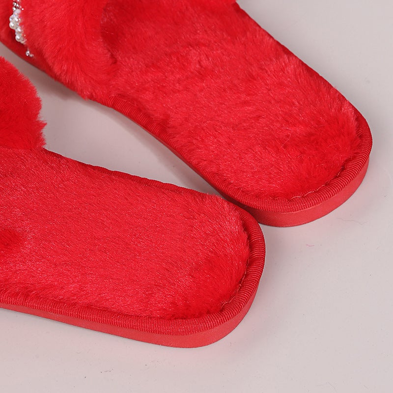 Korean Style Imitation Rabbit Plush Fish Mouth Flower Cotton Slippers Soft Bottom Home Solid Color Cotton Slippers For Hair - Image 5