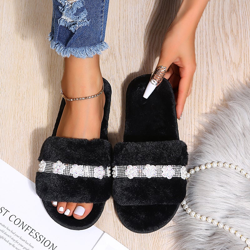Korean Style Imitation Rabbit Plush Fish Mouth Flower Cotton Slippers Soft Bottom Home Solid Color Cotton Slippers For Hair - Image 2