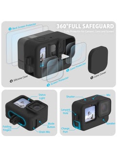 SYOSI حافظة سيليكون لكاميرات GoPro Hero 11 /Hero 10 /Hero 9 باللون الأسود، وغطاء جانبي للبطارية وحماة للشاشة وأغطية للعدسات وحبل لإكسسوارات GoPro Hero 11 /10 / 9  - Image 3