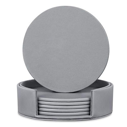 Thipoten Coasters for Drinks, Thipoten Leather Coasters with Holder, Protect Furniture from Damage(6PCS, Grey) - Image 1