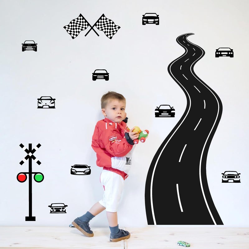 Large Road Wall Sticker Road Sign Peel and Stick Wall Decals Race Car Wall Stickers Removable Track Highway Vinyl Stickers Traffic Cars Sport Wall Decals for Kids Room Boys Bedroom Decor