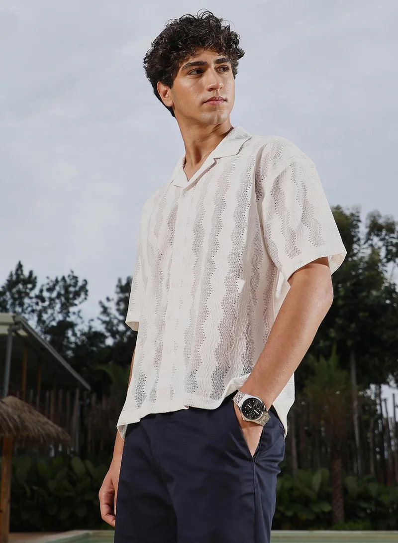 Campus Sutra Campus Sutra Men Swirl Flat-Knit Resort Oversized Shirt | Cuban Collar Short Regular Sleeves | Button Closure Straight Hem | Solid Jacquard | Knitted Fabric For Casual & Vacation Wear | Cloud White